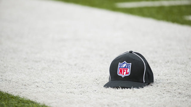ORCHARD PARK, NY - NOVEMBER 25: A referee cap with the NFL Shield logo sets on the field's sideline during the game between the Buffalo Bills and the Jacksonville Jaguars at New Era Field on November 25, 2018 in Orchard Park, New York. Buffalo defeats Jacksonville 24-21. *** Local Caption ***