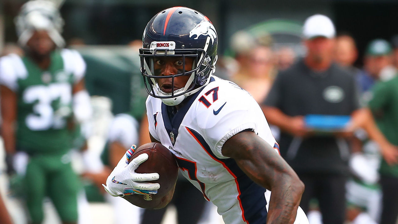 EAST RUTHERFORD, NJ - OCTOBER 07: Denver Broncos wide receiver DaeSean Hamilton (17) during the National Football League game between the New York Jets and the Denver Broncos on October 7, 2018 at MetLife Stadium in East Rutherford, NJ.