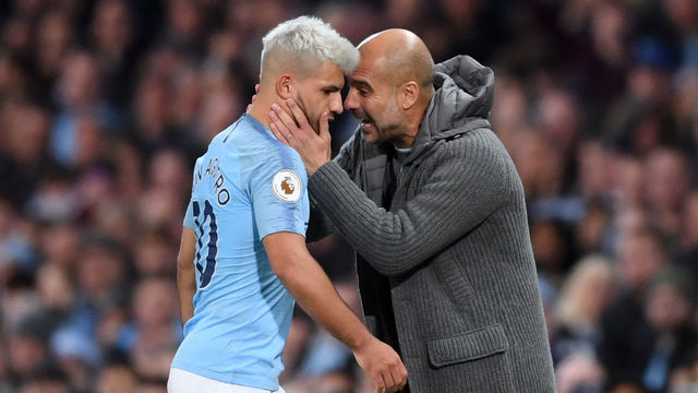 MANCHESTER, ENGLAND - NOVEMBER 11: Sergio Aguero of Manchester City is embraced by Josep Guardiola, Manager of Manchester City as he is substituted during the Premier League match between Manchester City and Manchester United at Etihad Stadium on November 11, 2018 in Manchester, United Kingdom.