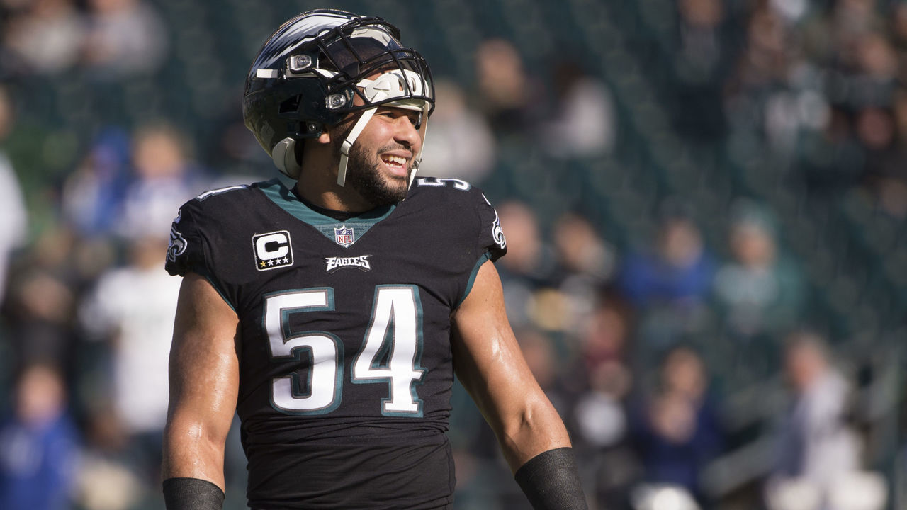 PHILADELPHIA, PA - NOVEMBER 25: Kamu Grugier-Hill #54 of the Philadelphia Eagles smiles prior to the game against the New York Giants at Lincoln Financial Field on November 25, 2018 in Philadelphia, Pennsylvania.