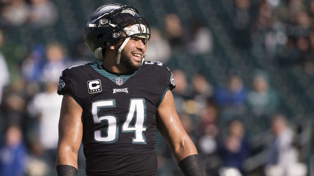 PHILADELPHIA, PA - NOVEMBER 25: Kamu Grugier-Hill #54 of the Philadelphia Eagles smiles prior to the game against the New York Giants at Lincoln Financial Field on November 25, 2018 in Philadelphia, Pennsylvania.