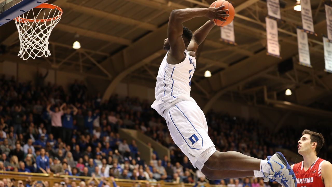 DURHAM, NC - DECEMBER 05: Duke Blue Devils forward Zion Williamson (1) goes for the dunk during the 2nd half of the Duke Blue Devils game versus the Hartford Hawks on December 5th, 2018, at Cameron Indoor Stadium