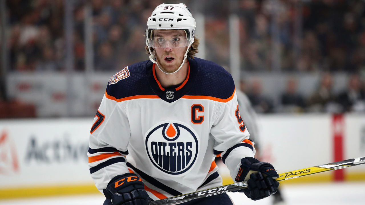 ANAHEIM, CA - NOVEMBER 23: Connor McDavid #97 of the Edmonton Oilers skates during the first period of a game against the Anaheim Ducks at Honda Center on November 23, 2018 in Anaheim, California.
