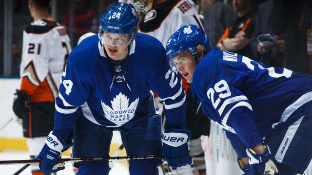 TORONTO, ON - FEBRUARY 5: William Nylander #29 of the Toronto Maple Leafs speaks with teammate Kasperi Kapanen #24 during warm-up before the Leafs face the Anaheim Ducks at the Air Canada Centre on February 5, 2018 in Toronto, Ontario, Canada.