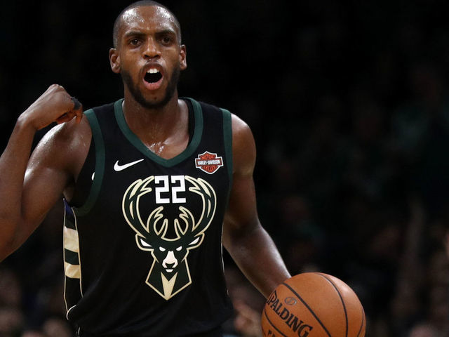 BOSTON, MA - NOVEMBER 1: Khris Middleton #22 of the Milwaukee Bucks dribbles against the Boston Celtics during the second half at TD Garden on November 1, 2018 in Boston, Massachusetts.