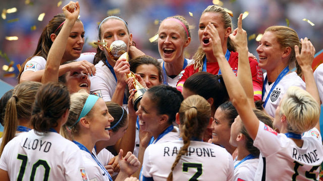 The United States team celebrate winning the World Cup following the FIFA Women's World Cup Canada 2015 Final match between USA and Japan at BC Place Stadium in Vancouver, Canada.