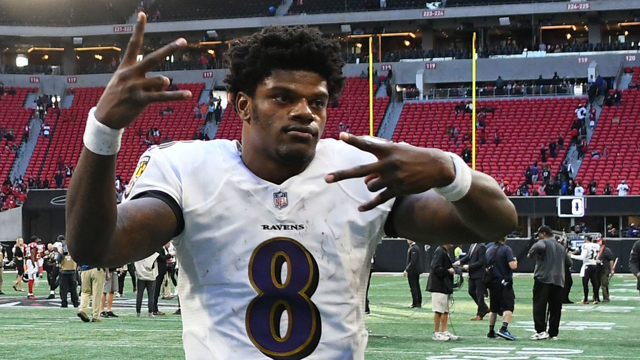 ATLANTA, GA - DECEMBER 02: Baltimore Ravens Quarterback Lamar Jackson (8) celebrates after the game between the Baltimore Ravens and the Atlanta Falcons on December 02, 2018, at Mercedes-Benz Stadium in Atlanta, GA.