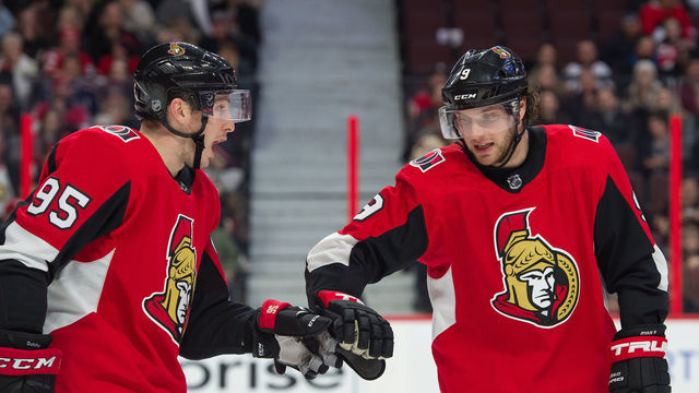 OTTAWA, ON - DECEMBER 29: Ottawa Senators Center Matt Duchene (95) and Ottawa Senators Left Wing Bobby Ryan (9) share a fist pump during the third period of the NHL game between the Ottawa Senators and the Columbus Blue Jackets on Dec. 29, 2017 at the Canadian Tire Centre in Ottawa, Ontario, Canada.