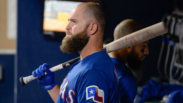 ATLANTA, GA SEPTEMBER 6: The Rangers Mike Napoli looks on from the dugout during a game between the Texas Rangers and the Atlanta Braves on August 25, 2017 at SunTrust Park in Atlanta, GA. The Atlanta Braves defeated the Texas Rangers by a score of 5 - 4.