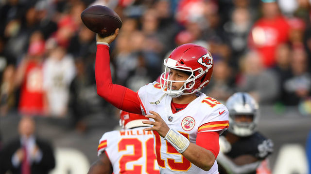 OAKLAND, CA - DECEMBER 02: Patrick Mahomes #15 of the Kansas City Chiefs looks to pass against the Oakland Raiders during the second half of an NFL football game at Oakland-Alameda County Coliseum on December 2, 2018 in Oakland, California.