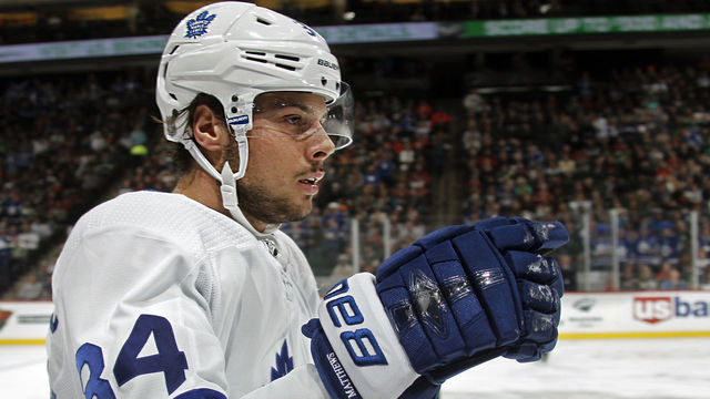 ST. PAUL, MN - DECEMBER 01: Auston Matthews #34 of the Toronto Maple Leafs celebrates his 1st period goal during a game with the Minnesota Wild at Xcel Energy Center on December 1, 2018 in St. Paul, Minnesota.