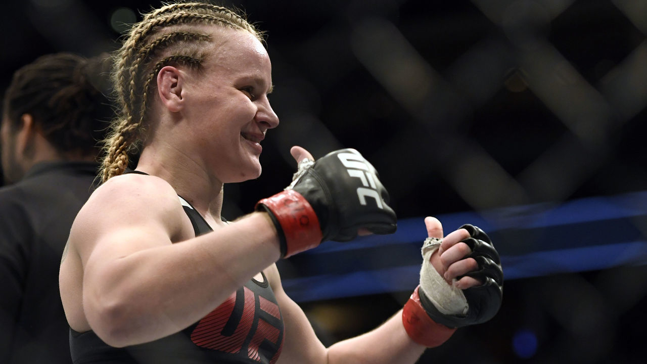 DENVER, CO - JANUARY 28: Valentina Shevchenko celebrates her win over Julianna Peña in their Bantamweight bout during the UFC Fight Night January 28, 2017 at Pepsi Center. Shevchenko defeated Peña on the submission hold in the second round.