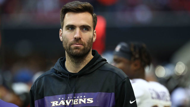 ATLANTA, GA - DECEMBER 02: Baltimore Ravens quarterback Joe Flacco (5) was on the sidelines but still on the I.R. list during the NFL game between the Baltimore Ravens and the Atlanta Falcons on Dec. 2, 2018 at Mercedes-Benz Stadium in Atlanta, GA.