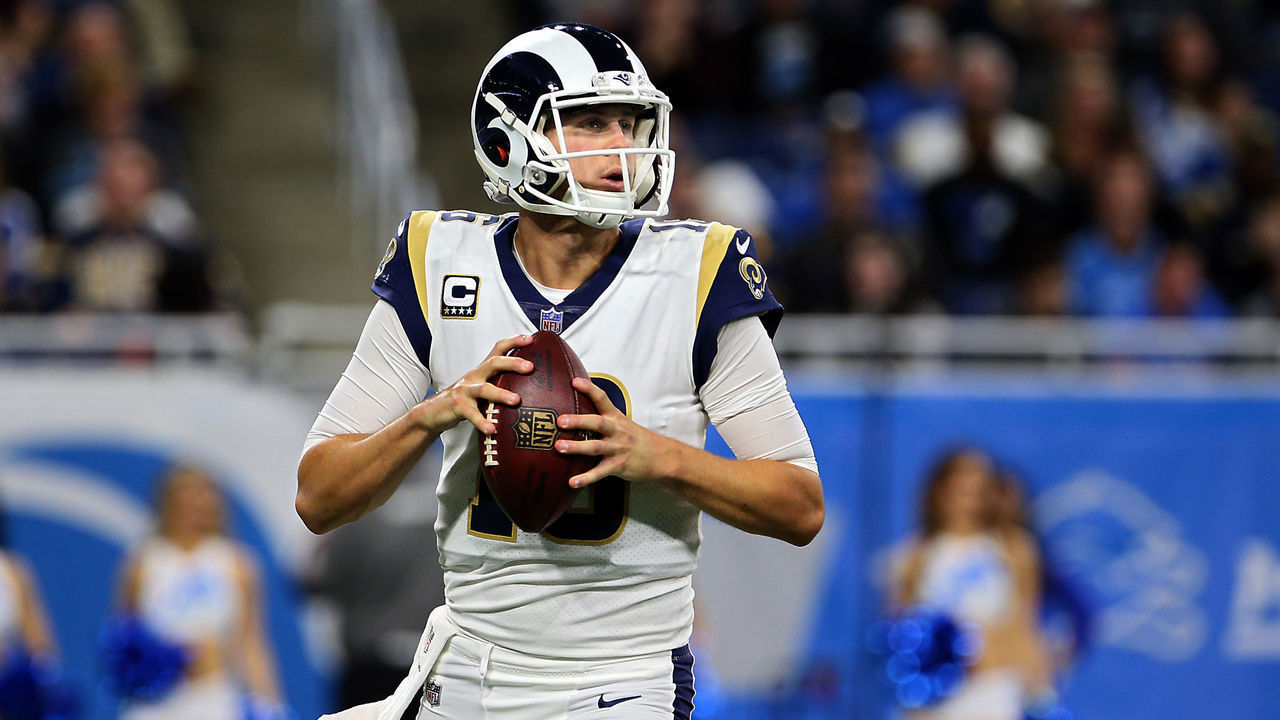 Los Angeles Rams quarterback Jared Goff (16) looks to pass the ball during the second half of an NFL football game against the Detroit Lions in Detroit, Michigan USA, on Sunday, December 2, 2018.