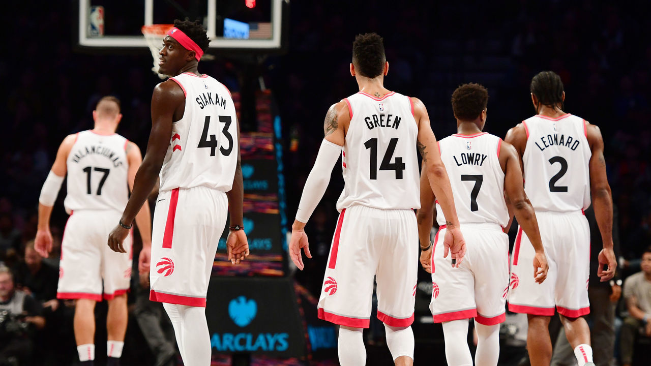 NEW YORK, NEW YORK - DECEMBER 07: Pascal Siakam #43 of the Toronto Raptors looks on during a timeout in the first quarter during the game against Brooklyn Nets at Barclays Center on December 7, 2018 in the Brooklyn borough of New York City.