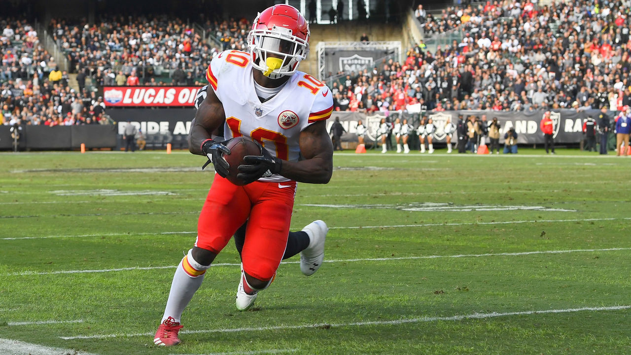 OAKLAND, CA - DECEMBER 02: Tyreek Hill #10 of the Kansas City Chiefs steps out of bounds diving short of the end zone against the Oakland Raiders during the second half of their NFL game at Oakland-Alameda County Coliseum on December 2, 2018 in Oakland, California.