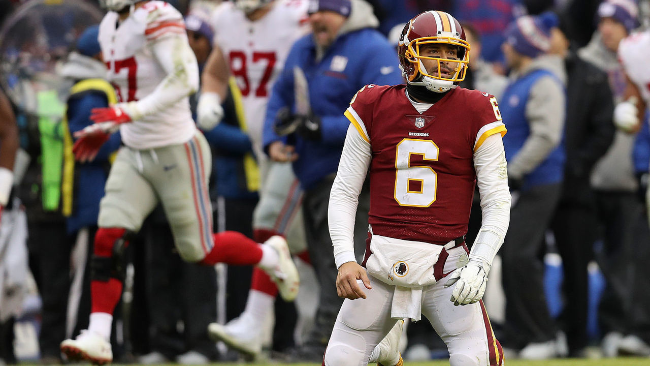 LANDOVER, MD - DECEMBER 09: Quarterback Mark Sanchez #6 of the Washington Redskins reacts after an interception in the second quarter against the New York Giants at FedExField on December 9, 2018 in Landover, Maryland.