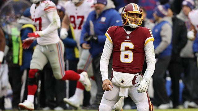 LANDOVER, MD - DECEMBER 09: Quarterback Mark Sanchez #6 of the Washington Redskins reacts after an interception in the second quarter against the New York Giants at FedExField on December 9, 2018 in Landover, Maryland.