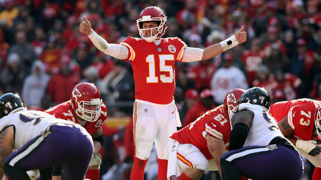 KANSAS CITY, MISSOURI - DECEMBER 09: Quarterback Patrick Mahomes #15 of the Kansas City Chiefs audibles during the game against the Baltimore Ravens at Arrowhead Stadium on December 09, 2018 in Kansas City, Missouri.