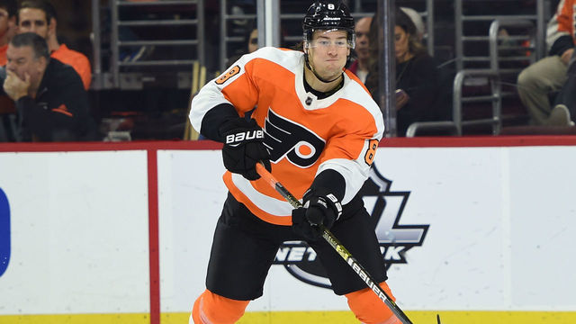 PHILADELPHIA, PA - NOVEMBER 13: Philadelphia Flyers Defenceman Robert Hagg (8) passes the puck during a NHL game between the Florida Panthers and the Philadelphia Flyers on November 13, 2018, at the Wells Fargo Center in Philadelphia, PA. Photo by Andy Lewis/Icon Sportswire via Getty Images)