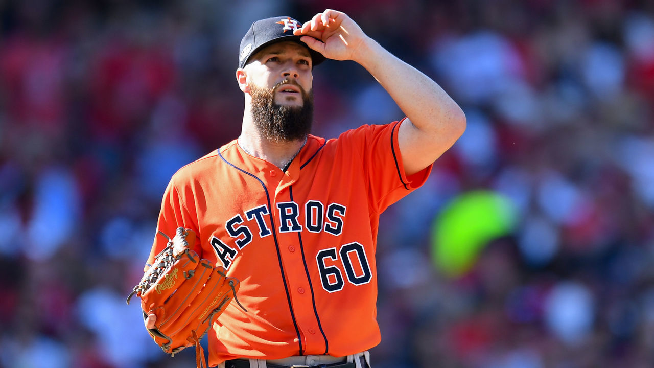 CLEVELAND, OH - OCTOBER 8: Dallas Keuchel #60 of the Houston Astros looks on during Game 3 of the ALDS against the Cleveland Indians at Progressive Field on Monday, October 8, 2018 in Cleveland, Ohio.