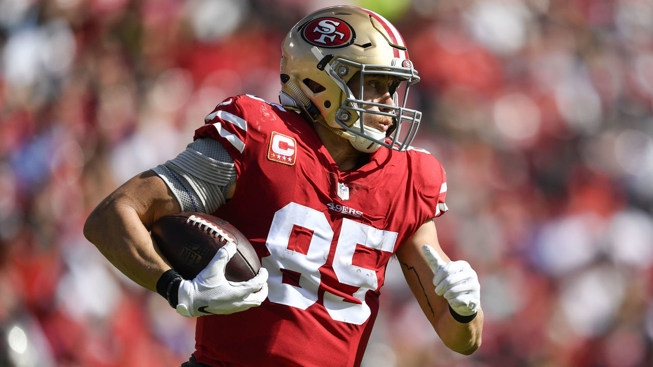 TAMPA, FL - NOVEMBER 25: San Francisco 49ers tight end George Kittle (85) carries the ball during the first half of an NFL game between the San Francisco 49ers and the Tampa Bay Bucs on November 25, 2018, at Raymond James Stadium in Tampa, FL.