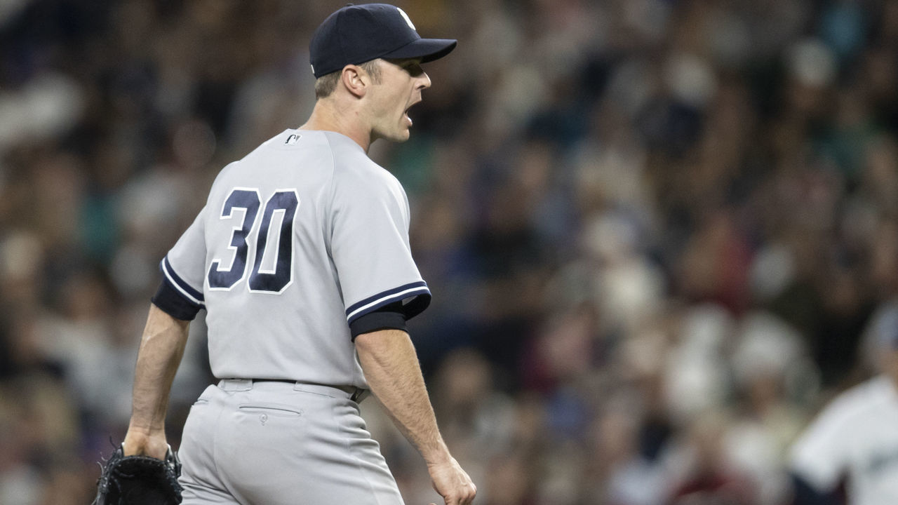 SEATTLE, WA - SEPTEMBER 8: Relief pitcher David Robertson #30 of the New York Yankees reacts after striking out Dee Gordon #9 of the Seattle Mariners during the eighth inning of a game at Safeco Field on September 8, 2018 in Seattle, Washington. The Yankees won 4-2.