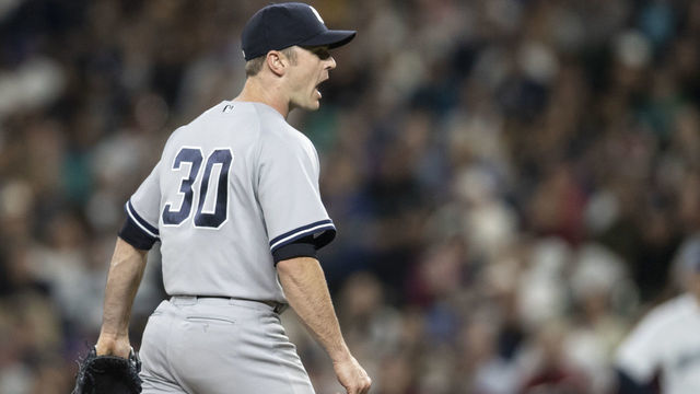 SEATTLE, WA - SEPTEMBER 8: Relief pitcher David Robertson #30 of the New York Yankees reacts after striking out Dee Gordon #9 of the Seattle Mariners during the eighth inning of a game at Safeco Field on September 8, 2018 in Seattle, Washington. The Yankees won 4-2.