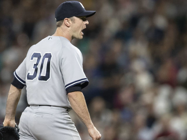 SEATTLE, WA - SEPTEMBER 8: Relief pitcher David Robertson #30 of the New York Yankees reacts after striking out Dee Gordon #9 of the Seattle Mariners during the eighth inning of a game at Safeco Field on September 8, 2018 in Seattle, Washington. The Yankees won 4-2.