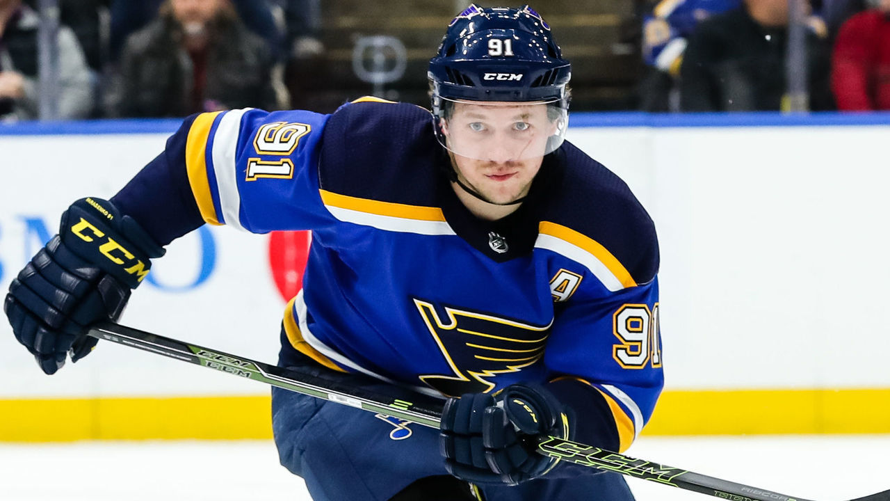 ST. LOUIS, MO - DECEMBER 05: St. Louis Blues' Vladimir Tarasenko moves for a loose puck during the third period of an NHL hockey game between the Edmonton Oilers and the St. Louis Blues on December 5, 2018, at the Enterprise Center in St. Louis, MO.