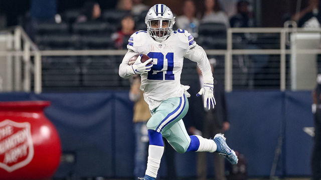 ARLINGTON, TX - DECEMBER 09: Dallas Cowboys Running Back Ezekiel Elliott (21) rushes during the game between the Philadelphia Eagles and Dallas Cowboys on December 9, 2018 at AT&T Stadium in Arlington, TX.