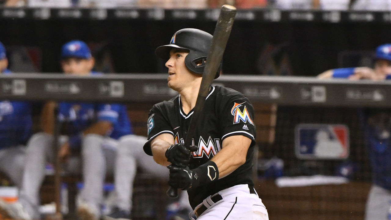 MIAMI, FL - AUGUST 31: J.T. Realmuto #11 of the Miami Marlins at bat against the Toronto Blue Jays at Marlins Park on August 31, 2018 in Miami, Florida.