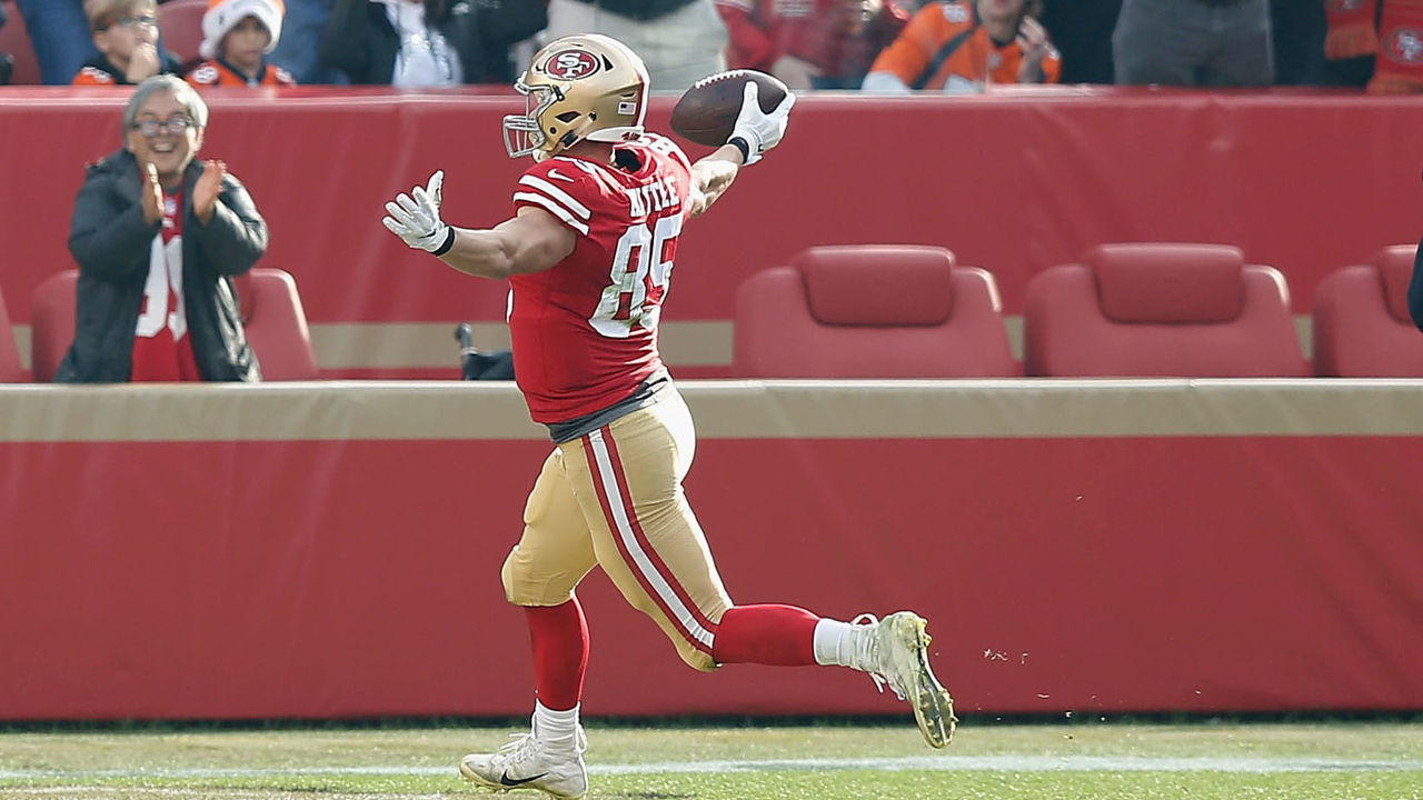 SANTA CLARA, CA - DECEMBER 09: George Kittle #85 of the San Francisco 49ers celebrates a touchdown against the Denver Broncos at Levi's Stadium on December 9, 2018 in Santa Clara, California.