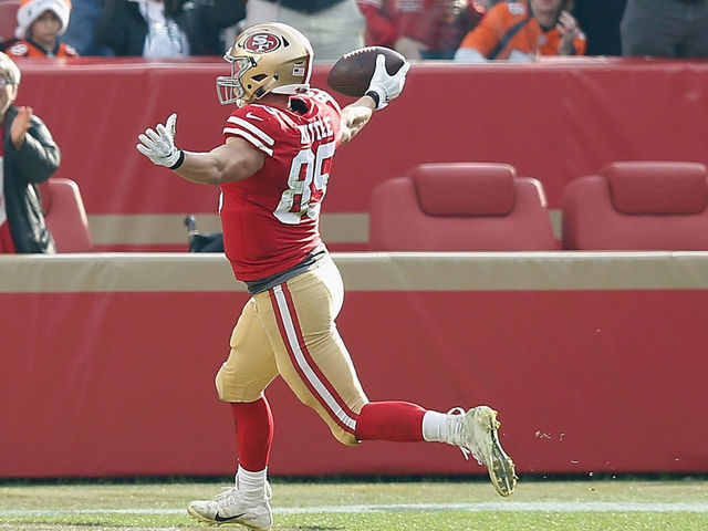 SANTA CLARA, CA - DECEMBER 09: George Kittle #85 of the San Francisco 49ers celebrates a touchdown against the Denver Broncos at Levi's Stadium on December 9, 2018 in Santa Clara, California.