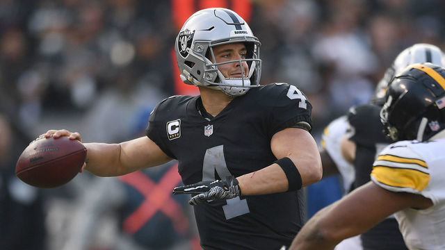 OAKLAND, CA - DECEMBER 09: Derek Carr #4 of the Oakland Raiders looks to pass against the Pittsburgh Steelers in the fourth quarter of their NFL football game at Oakland-Alameda County Coliseum on December 9, 2018 in Oakland, California.