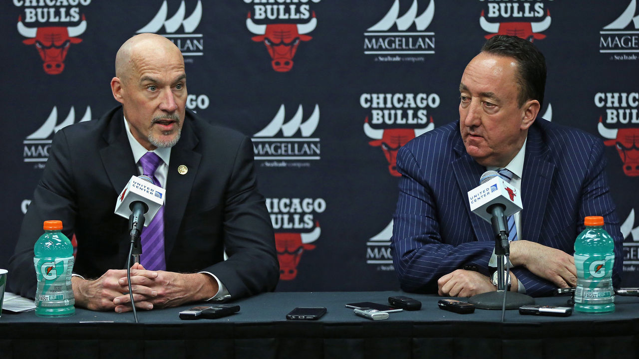 CHICAGO, IL - APRIL 13: John Paxson, Vice President of Basketball Operations (L) and Gar Forman, General Manager of the Chicago Bulls, address the media following the Bulls last game of the season against the Philadelphia 76ers at the United Center on April 13, 2016 in Chicago, Illinois. The Bulls defeated the 76ers 115-105. NOTE TO USER: User expressly acknowledges and agrees that, by downloading and or using the photograph, User is consenting to the terms and conditions of the Getty Images License Agreement.