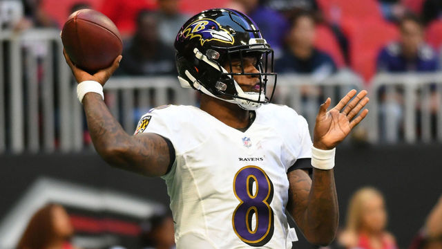 ATLANTA, GA - DECEMBER 02: Baltimore Ravens Quarterback Lamar Jackson (8) passes the ball during the game between the Baltimore Ravens and the Atlanta Falcons on December 02, 2018, at Mercedes-Benz Stadium in Atlanta, GA.