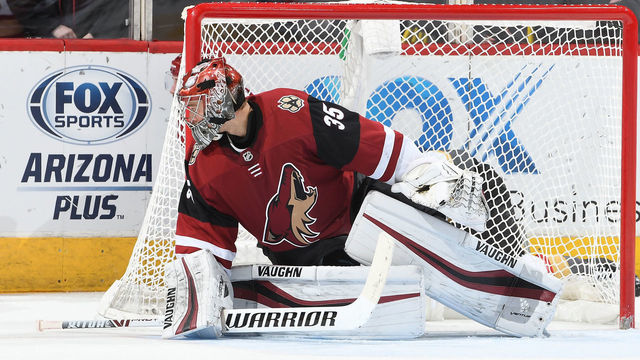 GLENDALE, AZ - NOVEMBER 21: Darcy Kuemper #35 of the Arizona Coyotes gets ready to make a save against the Vegas Golden Knights at Gila River Arena on November 21, 2018 in Glendale, Arizona.
