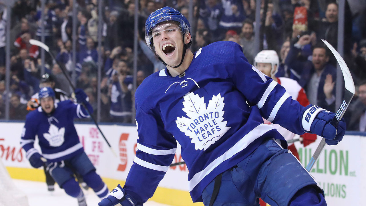 TORONTO, ON- DECEMBER 6 - Toronto Maple Leafs left wing Andreas Johnsson (18) celebrates after tying the game in the third period as the Toronto Maple Leafs fall to the Detroit Red Wings 5-4 in overtime at Scotiabank Arena in Toronto. December 6, 2018. (Steve Russell/Toronto Star via Getty Images)
