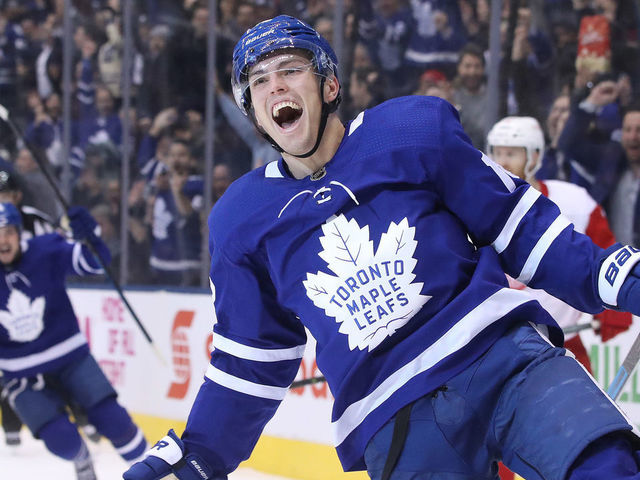 TORONTO, ON- DECEMBER 6 - Toronto Maple Leafs left wing Andreas Johnsson (18) celebrates after tying the game in the third period as the Toronto Maple Leafs fall to the Detroit Red Wings 5-4 in overtime at Scotiabank Arena in Toronto. December 6, 2018. (Steve Russell/Toronto Star via Getty Images)