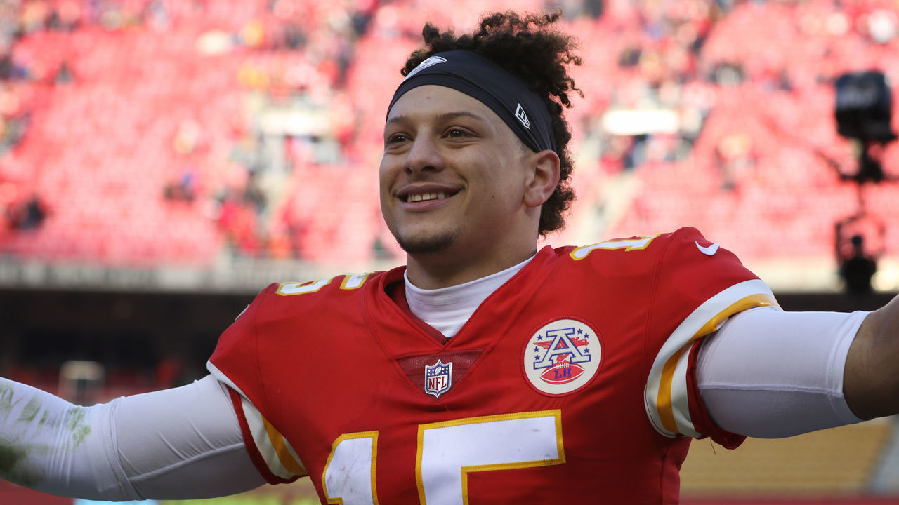 KANSAS CITY, MO - DECEMBER 09: Kansas City Chiefs quarterback Patrick Mahomes (15) is all smiles running off the field after defeating the Baltimore Ravens in overtime, 27-24, on December 9, 2018 at Arrowhead Stadium in Kansas City, MO.