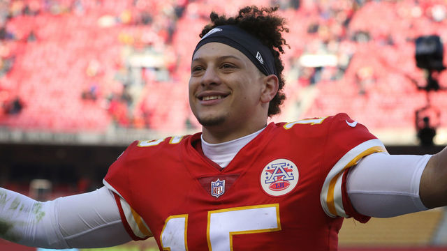 KANSAS CITY, MO - DECEMBER 09: Kansas City Chiefs quarterback Patrick Mahomes (15) is all smiles running off the field after defeating the Baltimore Ravens in overtime, 27-24, on December 9, 2018 at Arrowhead Stadium in Kansas City, MO.