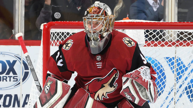 GLENDALE, AZ - NOVEMBER 02: Antti Raanta #32 of the Arizona Coyotes gets ready to make a save against the Carolina Hurricanes at Gila River Arena on November 2, 2018 in Glendale, Arizona.