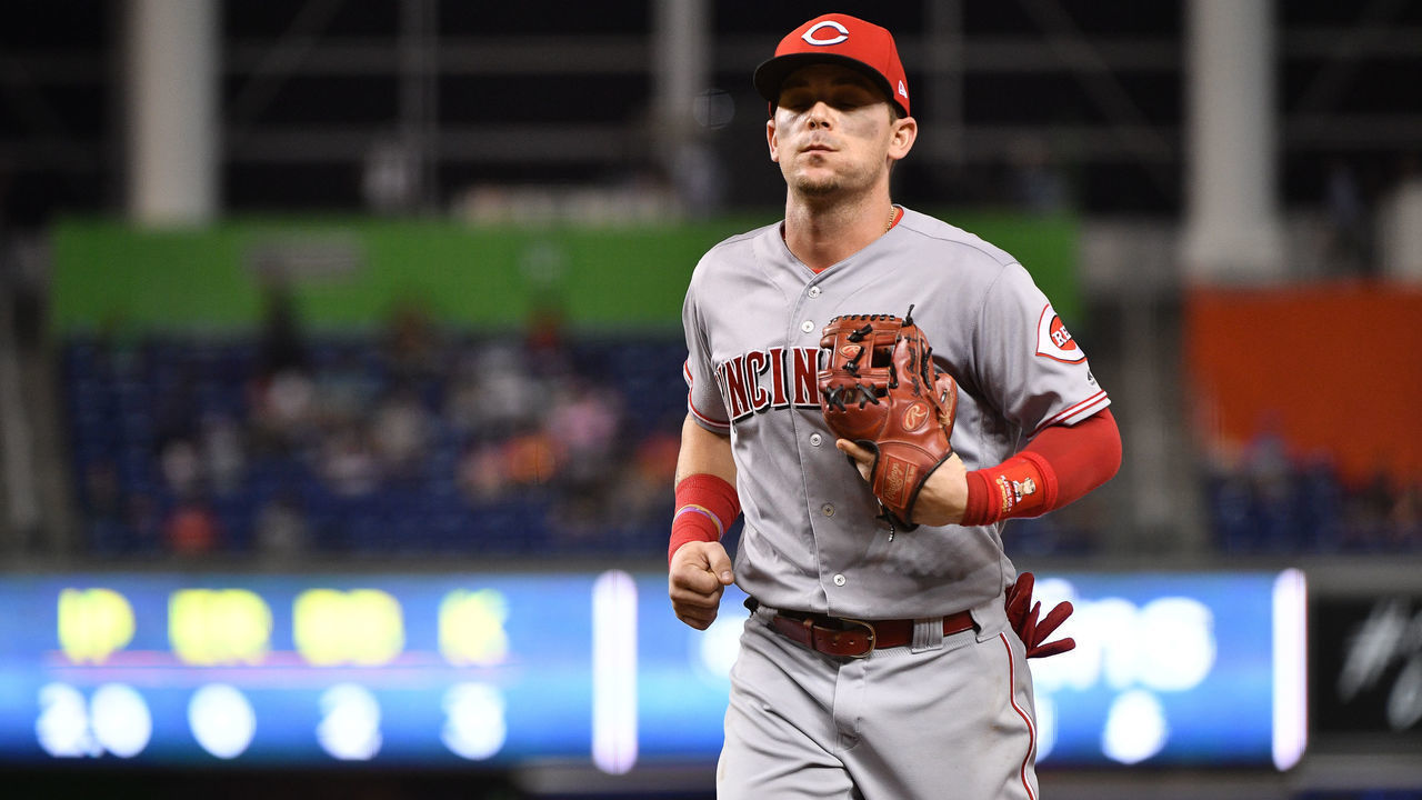 MIAMI, FL - SEPTEMBER 20: Scooter Gennett #3 of the Cincinnati Reds in action against the Miami Marlins at Marlins Park on September 20, 2018 in Miami, Florida.