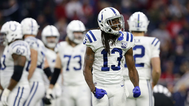 HOUSTON, TX - DECEMBER 09: T.Y. Hilton #13 of the Indianapolis Colts celebrates after the Houston Texans defense was drawn offsides in the fourth quarter at NRG Stadium on December 9, 2018 in Houston, Texas.