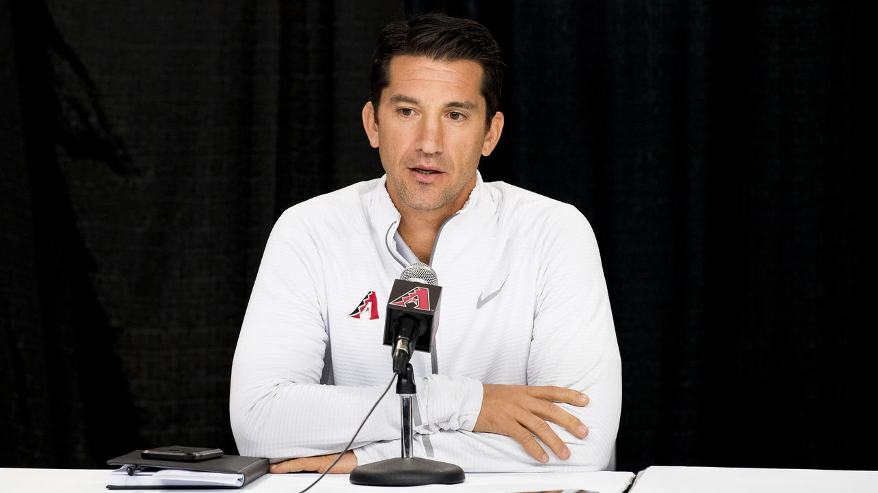 PHOENIX, AZ - OCTOBER 10: General Manager Mike Hazen of the Arizona Diamondbacks addresses the media at Chase Field on October 10, 2017 in Phoenix, Arizona. The Diamondbacks were eliminated from the National League Division Series by the Los Angeles Dodgers.