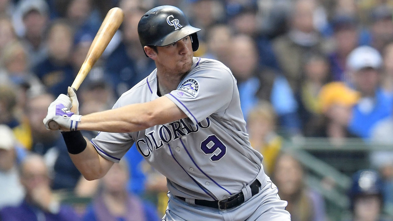 MILWAUKEE, WI - OCTOBER 05: DJ LeMahieu #9 of the Colorado Rockies at bat during Game Two of the National League Divisional Series against the Milwaukee Brewers at Miller Park on October 5, 2018 in Milwaukee, Wisconsin. The Brewers defeated the Rockies 4-0.