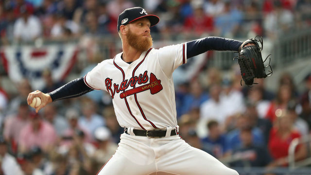ATLANTA, GA - OCTOBER 08: Mike Foltynewicz #26 of the Atlanta Braves pitches in the first inning of Game Four of the National League Division Series against the Los Angeles Dodgers at Turner Field on October 8, 2018 in Atlanta, Georgia.