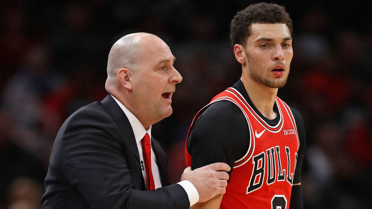 CHICAGO, ILLINOIS - DECEMBER 07: Head coach Jim Boylen of the Chicago Bulls gives instructions to Zach LaVine #8 during a game against the Oklahoma City Thunder at the United Center on December 07, 2018 in Chicago, Illinois.