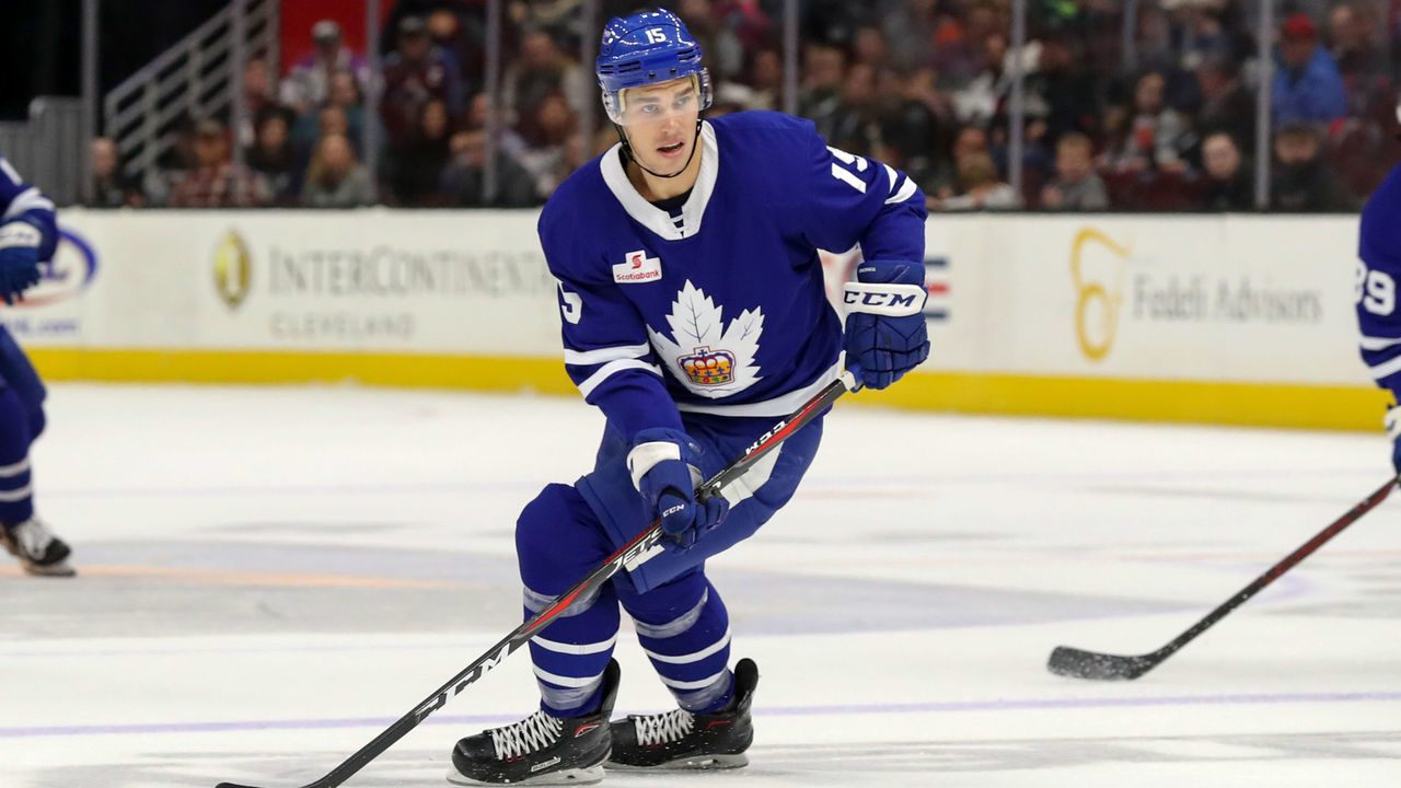 CLEVELAND, OH - NOVEMBER 02: Toronto Marlies center Adam Cracknell (15) controls the puck during the first period the American Hockey League game between the Toronto Marlies and Cleveland Monsters on November 2, 2018, at Quicken Loans Arena in Cleveland, OH.